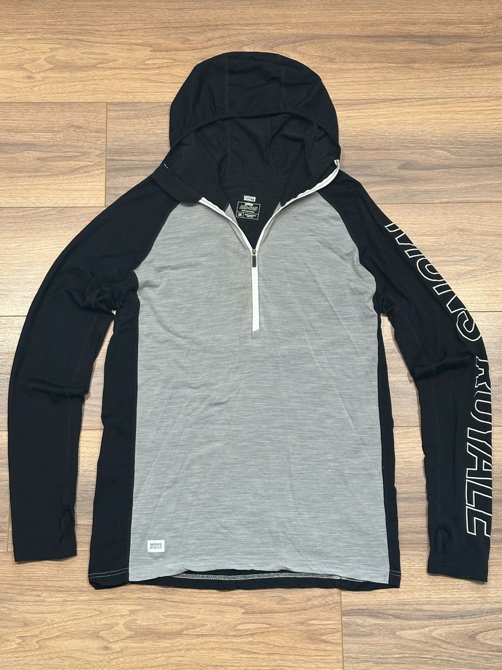 Mons Royale Men's Temple Tech Hooded Zip Top in Black/Gray Size XL